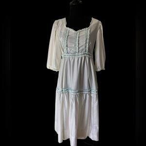 Hand Crafted Cream Long Sleeve Dress with Blue Details
